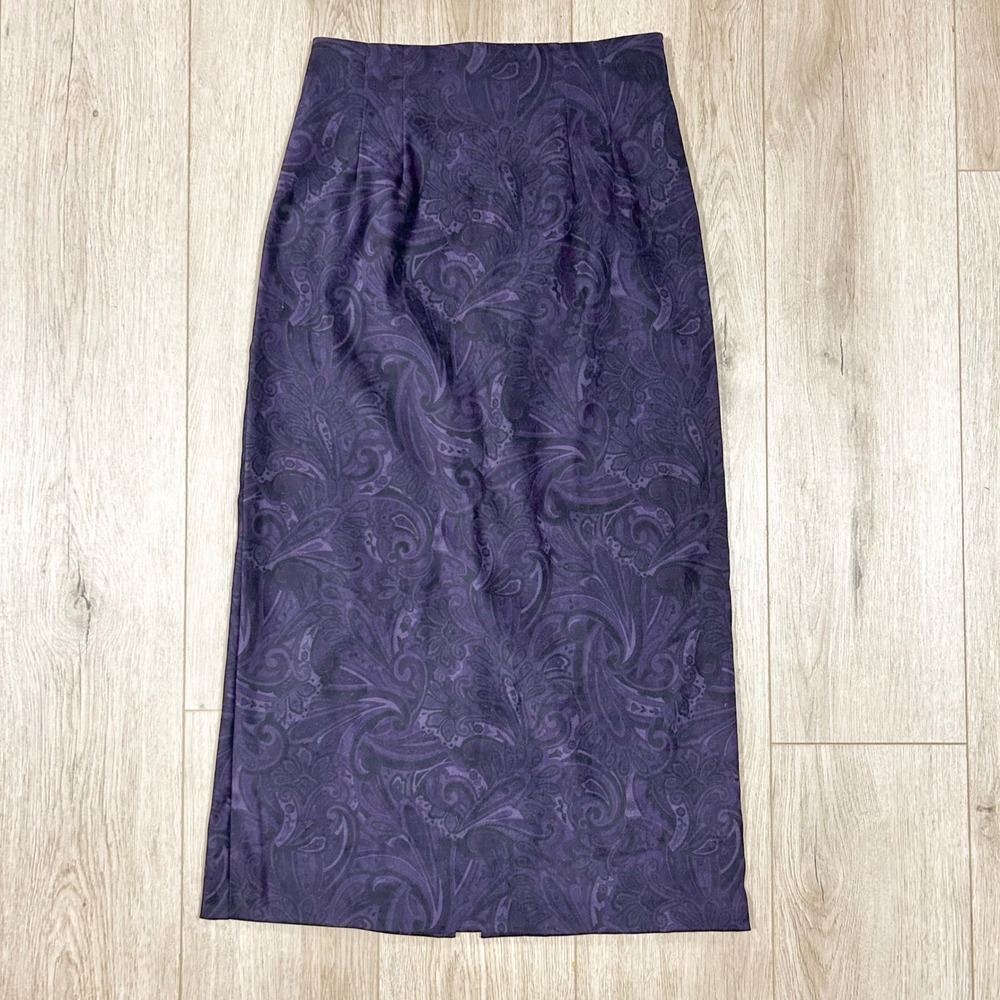Jaclyn Smith Classic Purple Paisley Maxi Pencil Skirt High Waist Size 8